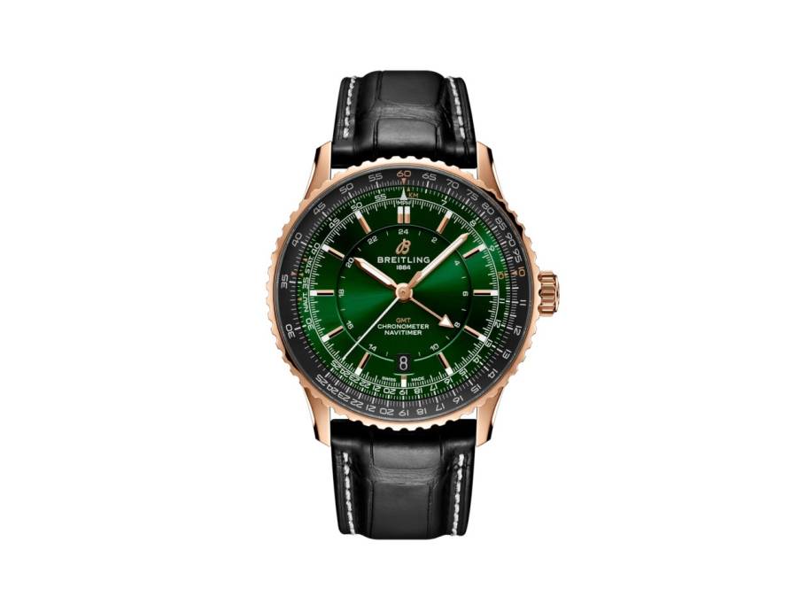 Navitimer Automatic GMT 41 Chronometer Rotgold grünes Zifferblatt schwarzes Lederband