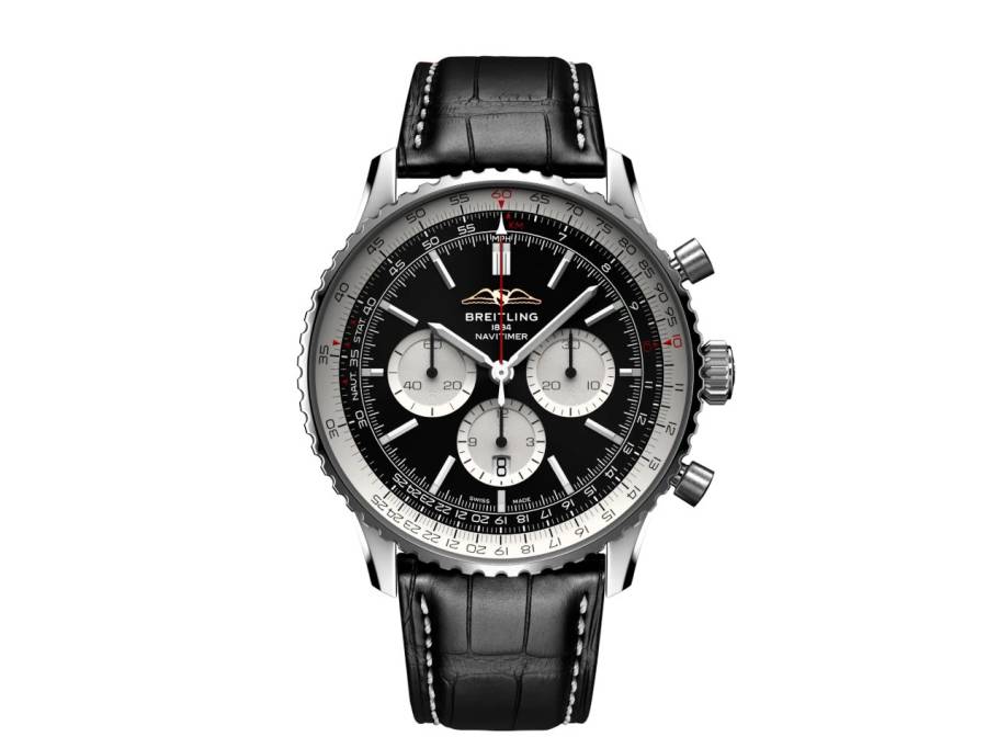 Navitimer B01 Chronograph 46 Edelstahl schwarzes Zifferblatt schwarzes Lederband