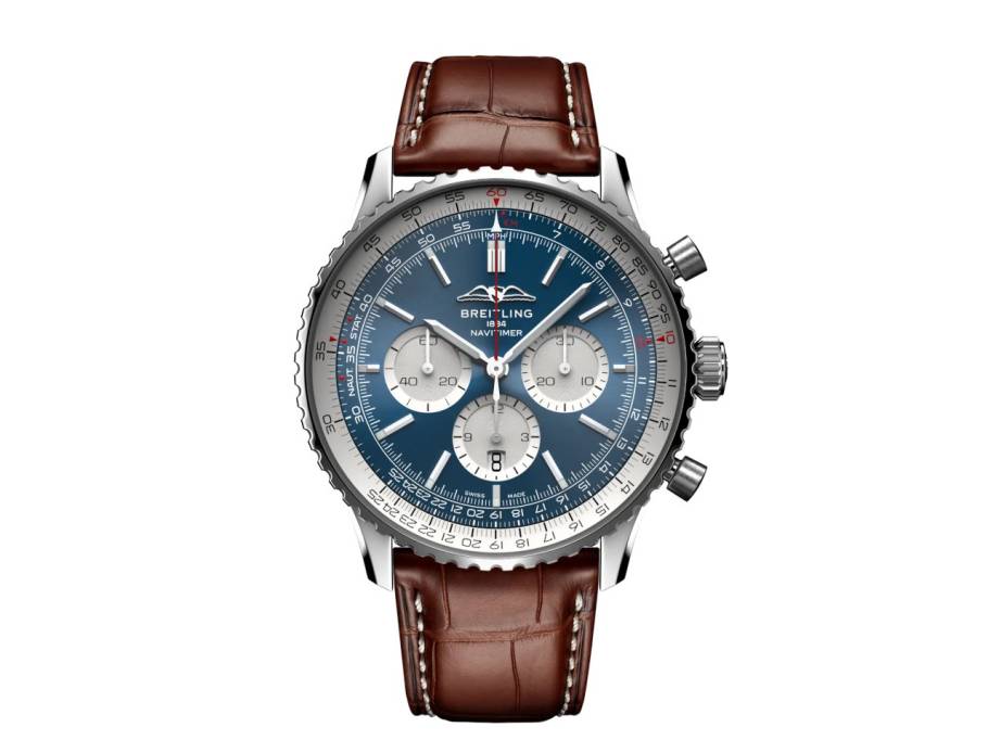 Navitimer B01 Chronograph 46 Edelstahl blaues Zifferblatt braunes Lederband