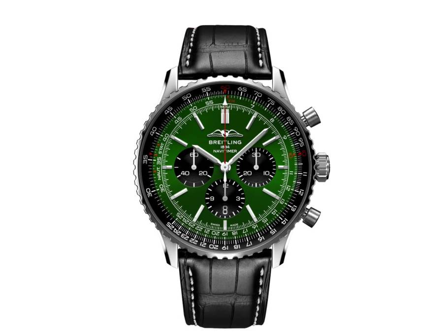 Navitimer B01 Chronograph 46 Edelstahl grünes Zifferblatt schwarzes Lederband