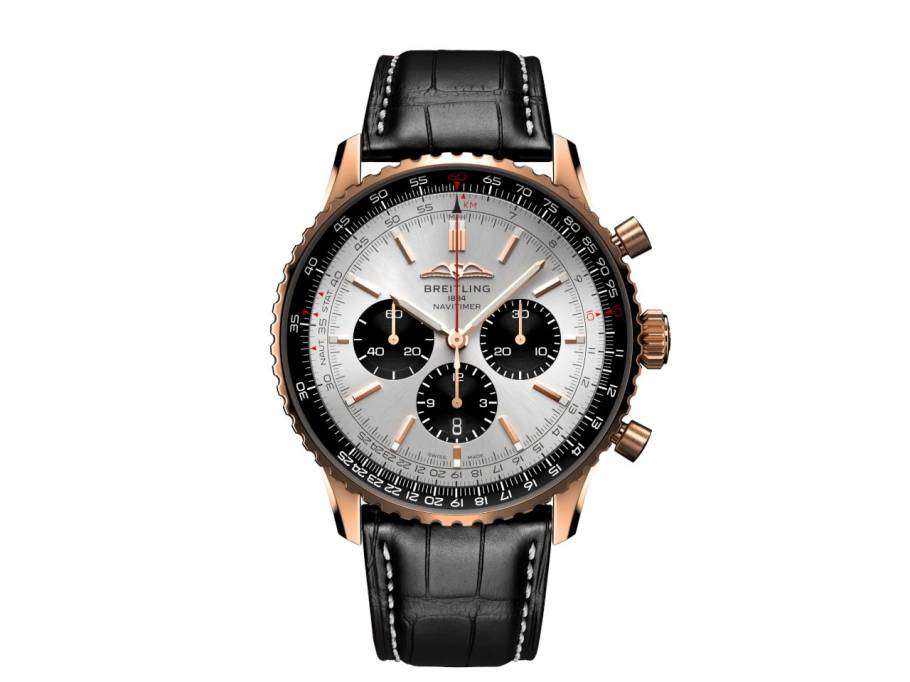 Navitimer B01 Chronograph 46 Rotgold silbernes Zifferblatt schwarzes Lederband