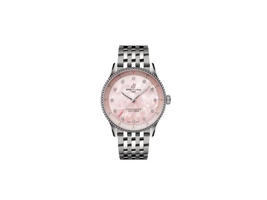 Navitimer 32 Quarz Edelstahl rosafarbenes Perlmutt-Zifferblatt Metallband