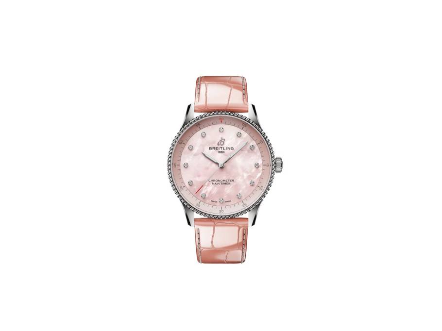 Navitimer 32 Quarz Edelstahl rosafarbenes Perlmutt-Zifferblatt rosafarbenes Lederband