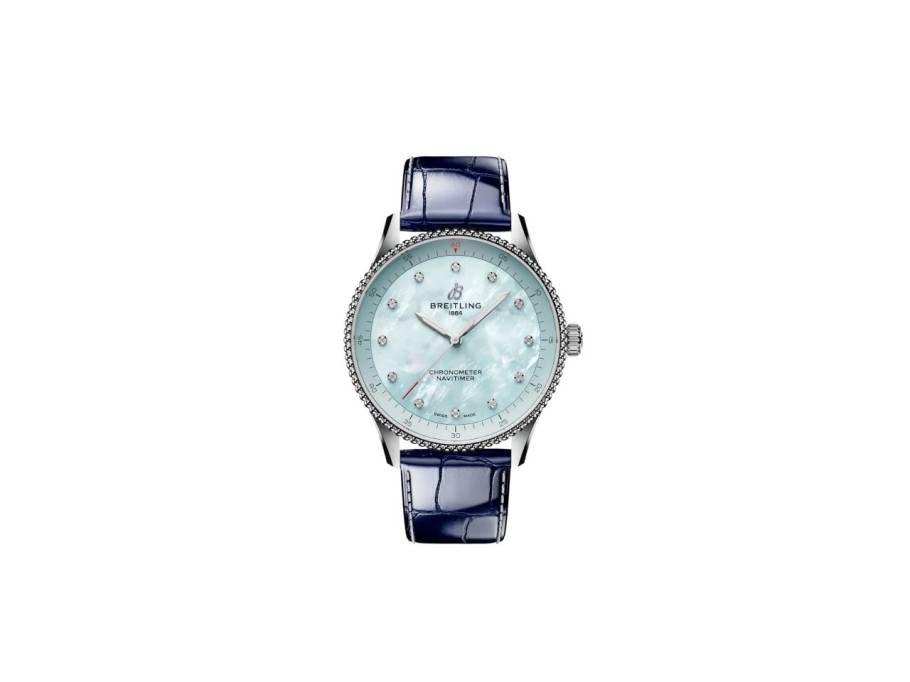 Navitimer 32 Quarz Edelstahl hellblaues Perlmutt-Zifferblatt blaues Lederband