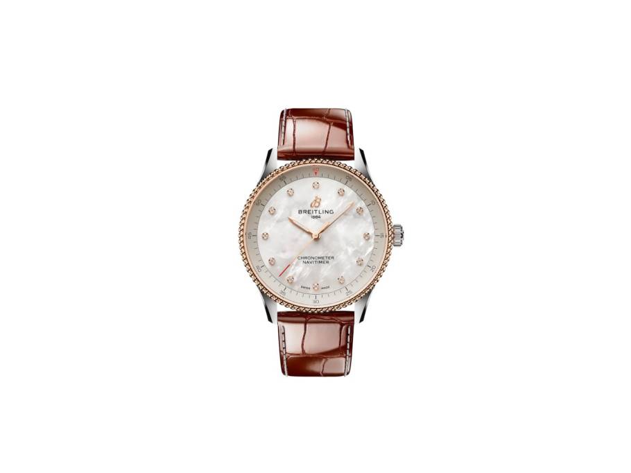 Navitimer 32 Quarz Edelstahl weißes Perlmutt-Zifferblatt braunes Lederband