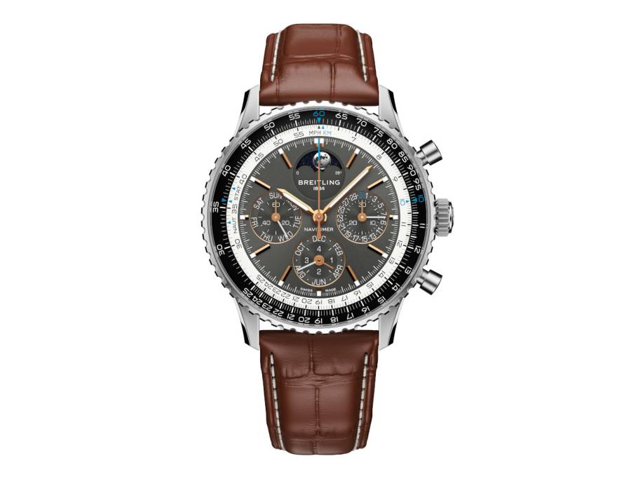 Navitimer B19 Chronograph 43 Perpetual Calendar Automatik Edelstahl graues Zifferblatt braunes Lederband 