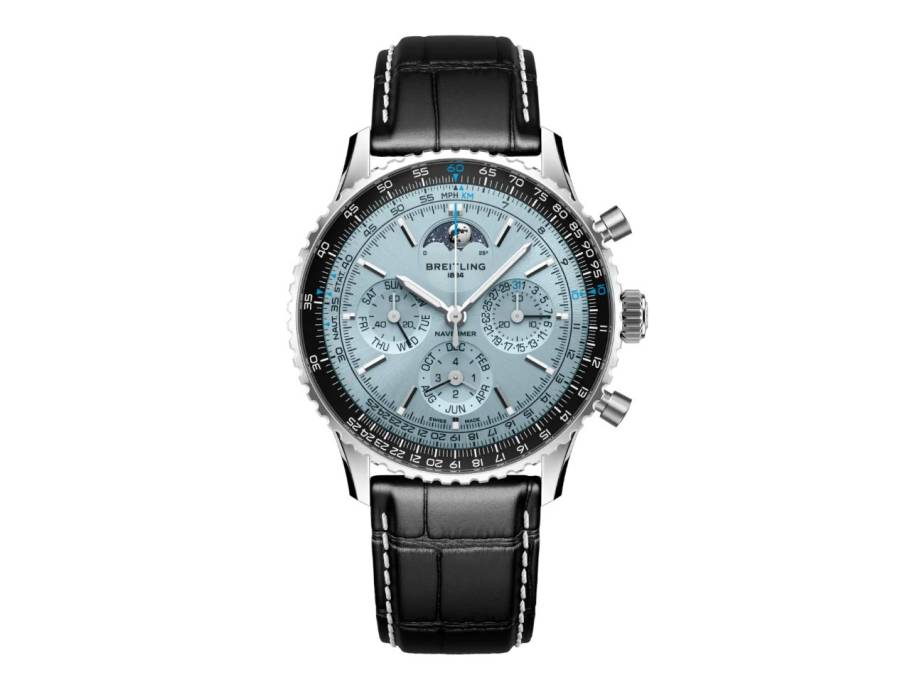 Navitimer B19 Chronograph 43 Perpetual Calendar Automatik Edelstahl eisblaues Zifferblatt schwarzes Lederband 