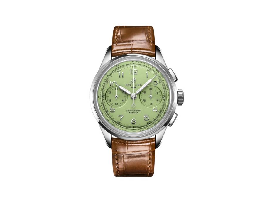 Premier B09 Chronograph 40 Automatik Edelstahl grünes Zifferblatt braunes Lederband