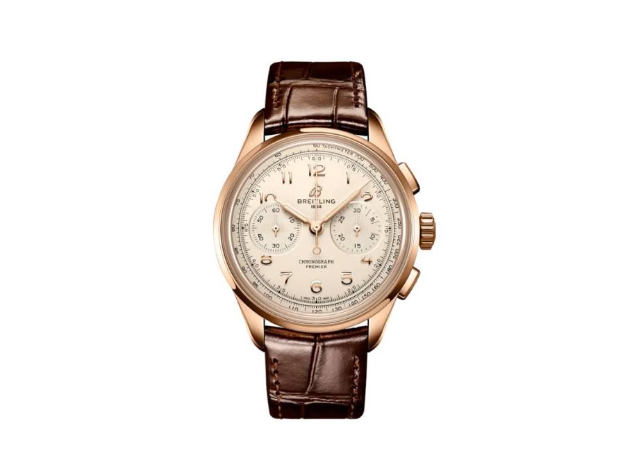 Premier B09 Chronograph 40 Automatik Rotgold silbernes Zifferblatt braunes Lederband