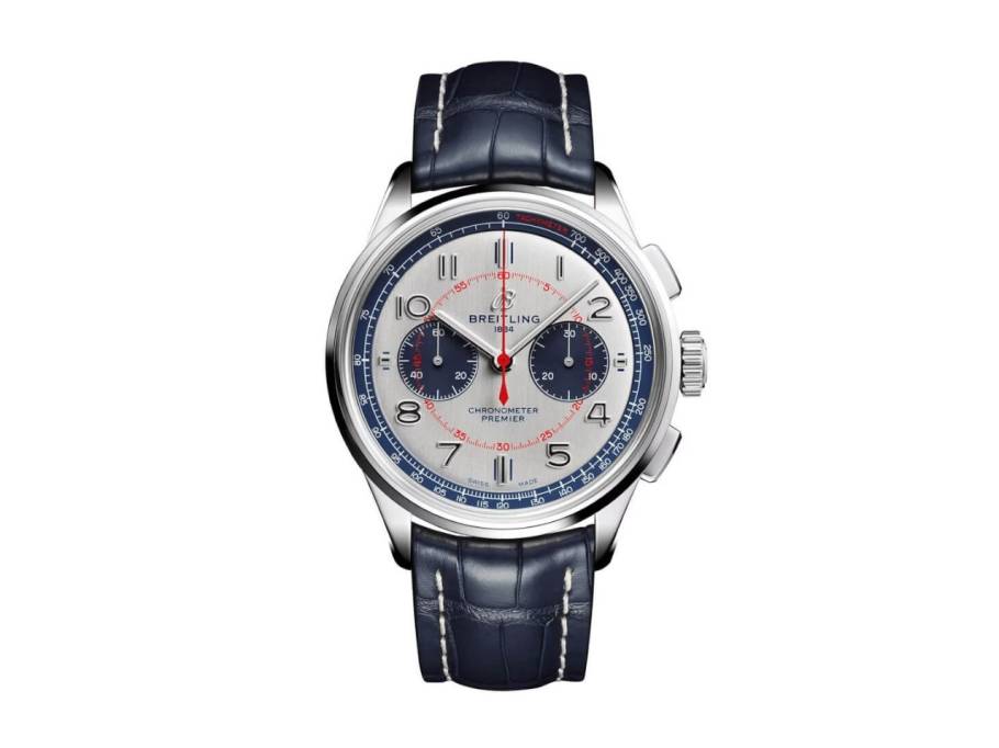 Premier B01 Chronograph 42 Bentley Mulliner Limited Edition Automatik Edelstahl weißes Zifferblatt blaues Lederband