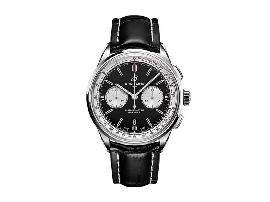 Premier B01 Chronograph 42 Automatik Edelstahl schwarzes Zifferblatt schwarzes Lederband