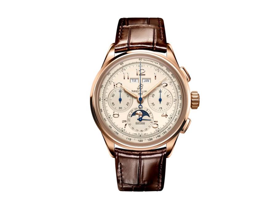 Premier B25 Datora 42 Chronograph Automatik Rotgold silbernes Zifferblatt braunes Lederband