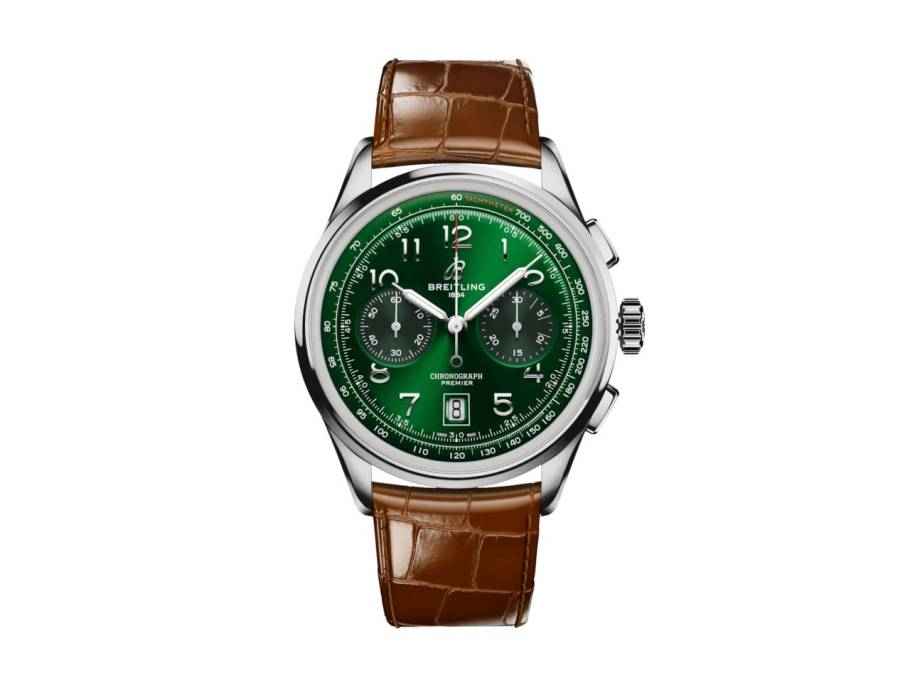Premier B01 Chronograph 42 Automatik Edelstahl grünes Zifferblatt braunes Lederband