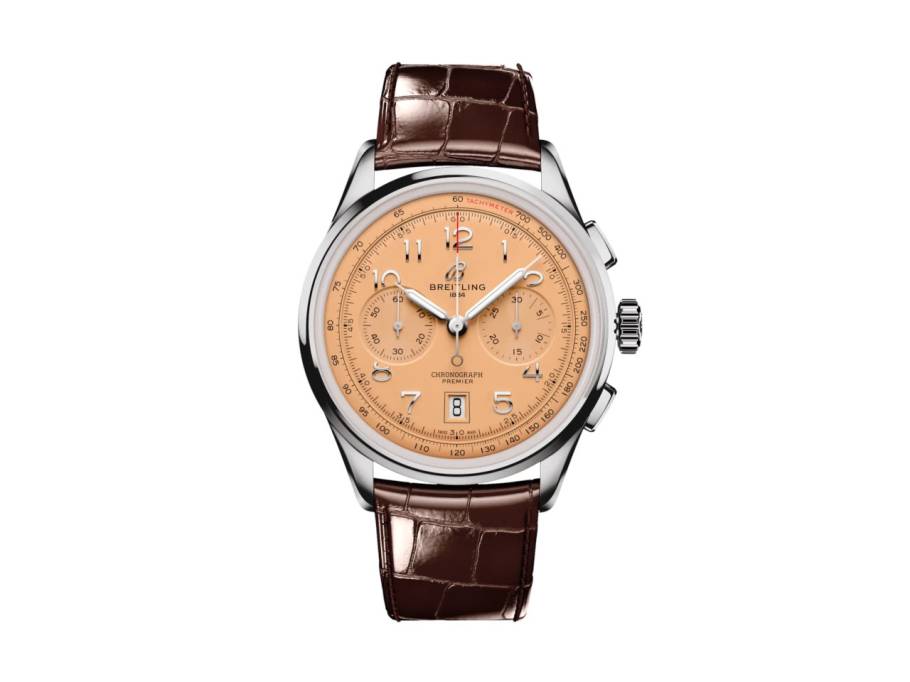 Premier B01 Chronograph 42 Automatik Edelstahl lachsfarbenes Zifferblatt braunes Lederband