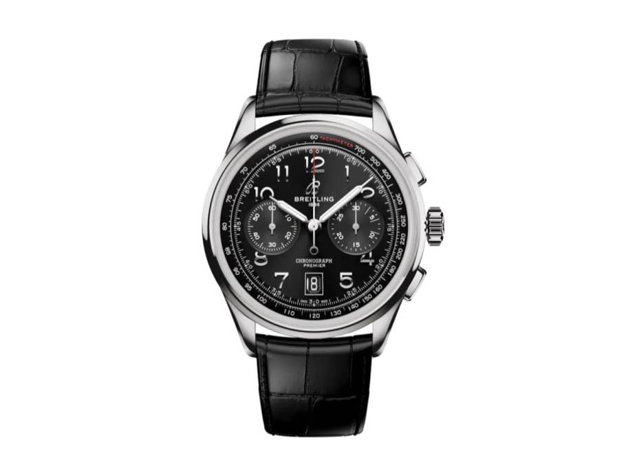 Premier B01 Chronograph 42 Automatik Edelstahl schwarzes Zifferblatt schwarzes Lederband