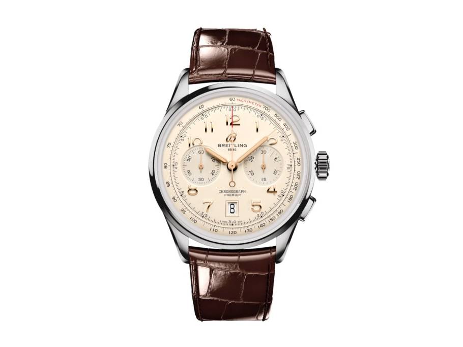 Premier B01 Chronograph 42 Automatik Edelstahl beiges Zifferblatt braunes Lederband