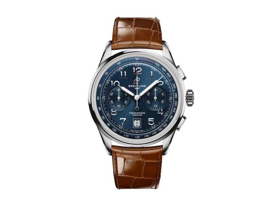 Premier B01 Chronograph 42 Automatik Edelstahl blaues Zifferblatt braunes Lederband