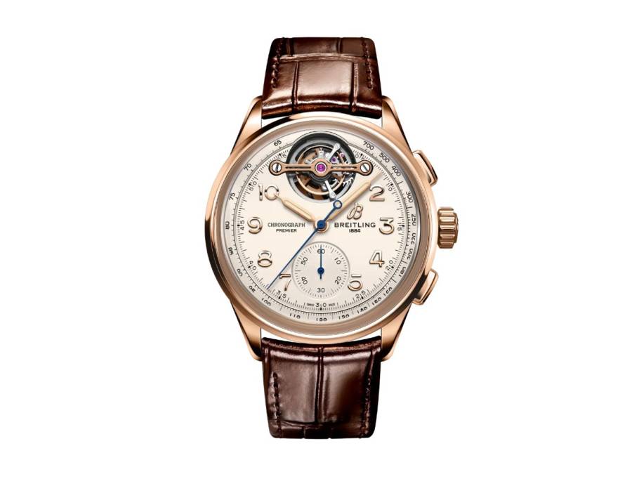 Premier B21 Chronograph Tourbillon 42 Léon Breitling Automatik Rotgold beiges Zifferblatt braunes Lederband