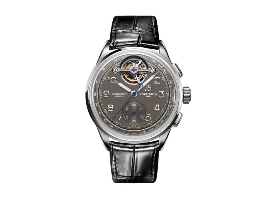 Premier B21 Chronograph Tourbillon 42 Gaston Breitling Automatik Weißgold graues Zifferblatt schwarzes Lederband