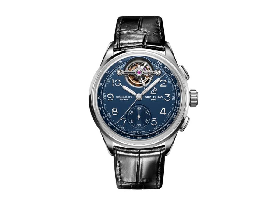 Premier B21 Chronograph Tourbillon 42 Willy Breitling Automatik Platin blaues Zifferblatt schwarzes Lederband