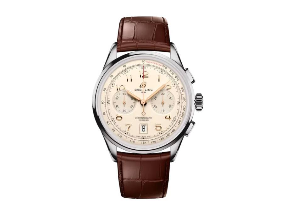 Premier B01 Chronograph 42 Edelstahl Automatik beigefarbenes Zifferblatt braunes Alligatorband