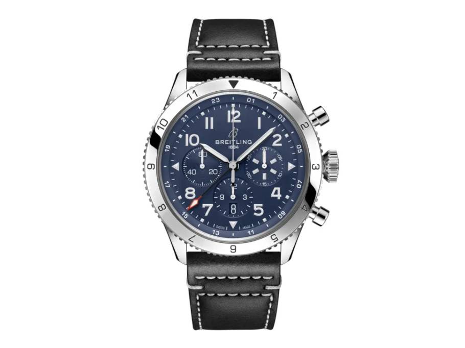 Super Avi B04 Chronograph GMT 46 Tribute to Vought F4U Corsair Automatik Edelstahl blaues Zifferblatt schwarzes Lederband