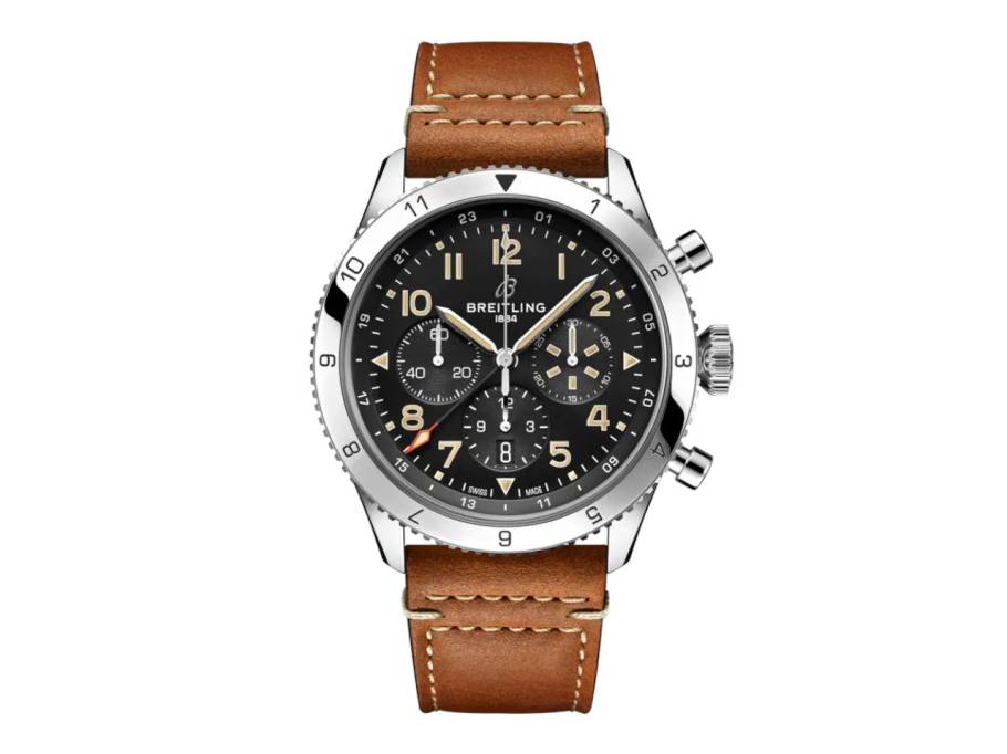 Super AVI B04 Chronograph GMT 46 P-51 Mustang Automatik Edelstahl schwarzes Zifferblatt braunes Lederband