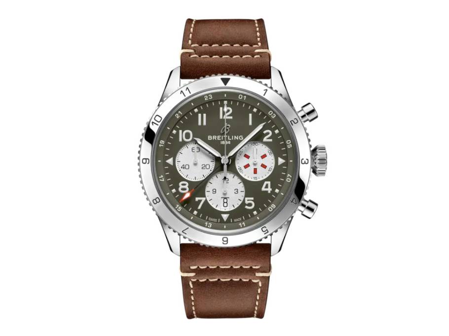 Super Avi B04 Chronograph GMT 46 Curtiss Warhawk Automatik Edelstahl grünes Zifferblatt braunes Lederband