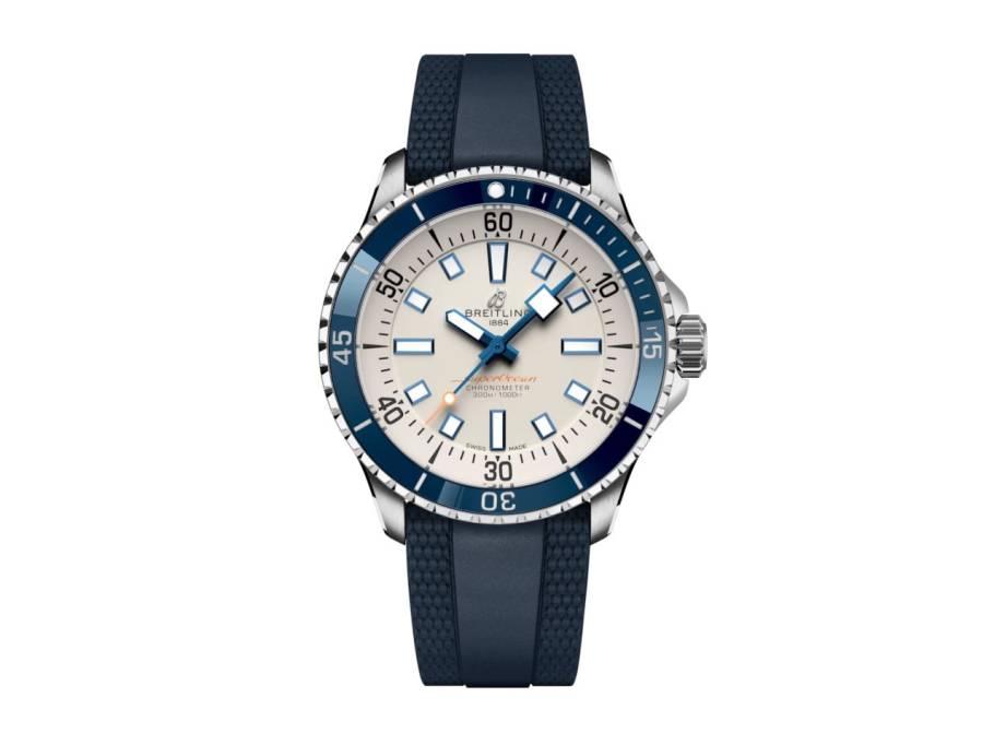 Superocean Automatic 42 Edelstahl weißes Zifferblatt blaues Kautschukband
