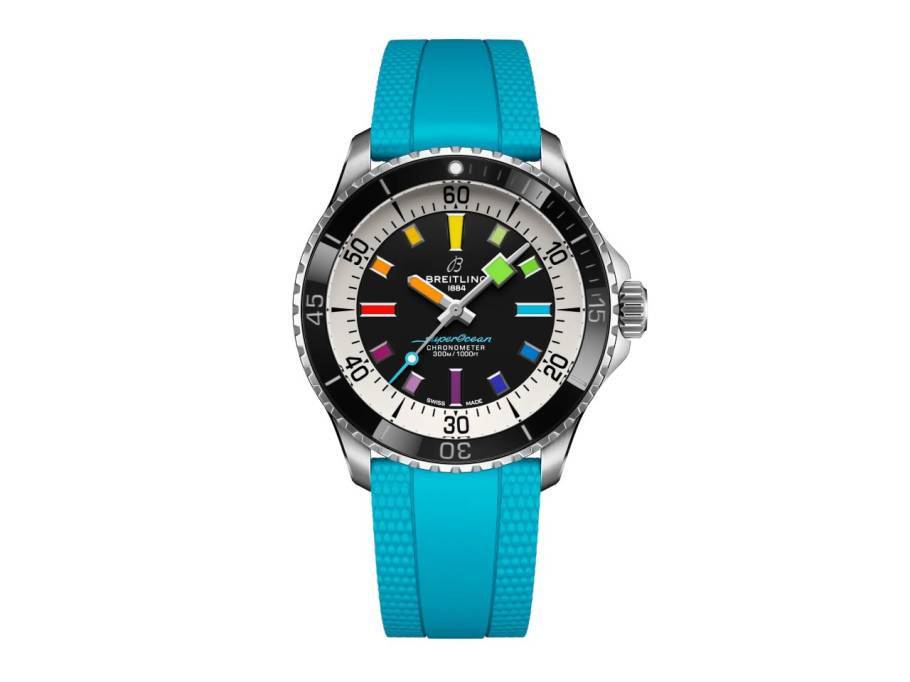 Superocean Automatic 42 Rainbow Edelstahl schwarzes Zifferblatt türkises Kautschukband