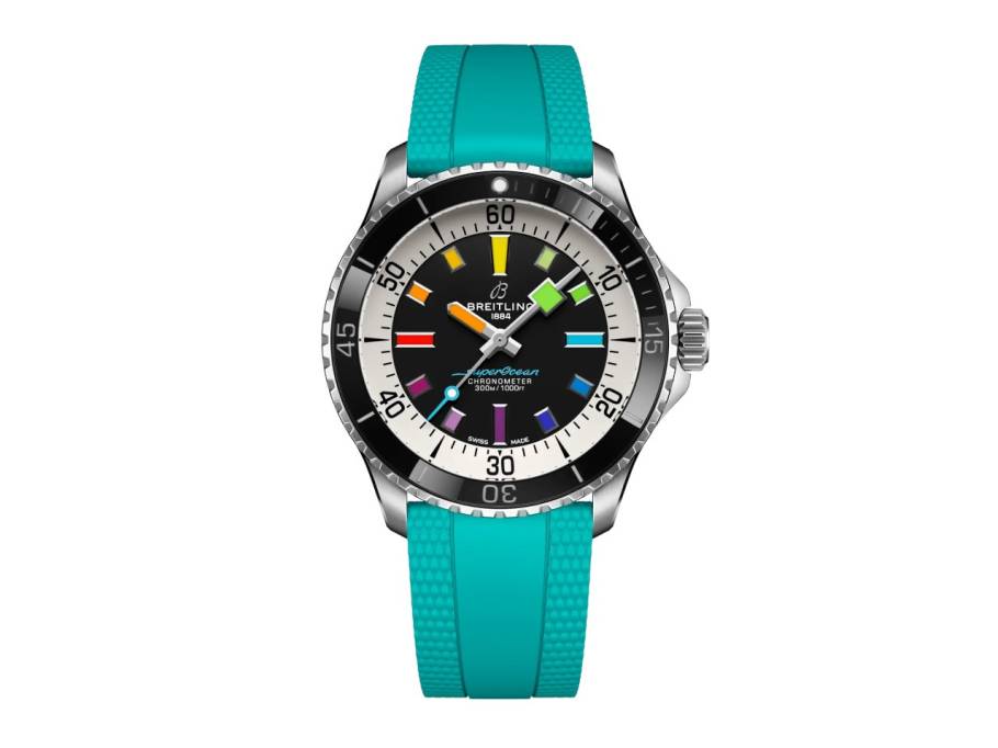 Superocean Automatic 42 Rainbow Edelstahl schwarzes Zifferblatt blaues Kautschukband