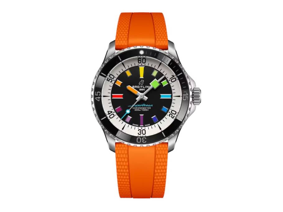 Superocean Automatic 42 Rainbow Edelstahl schwarzes Zifferblatt oranges Kautschukband