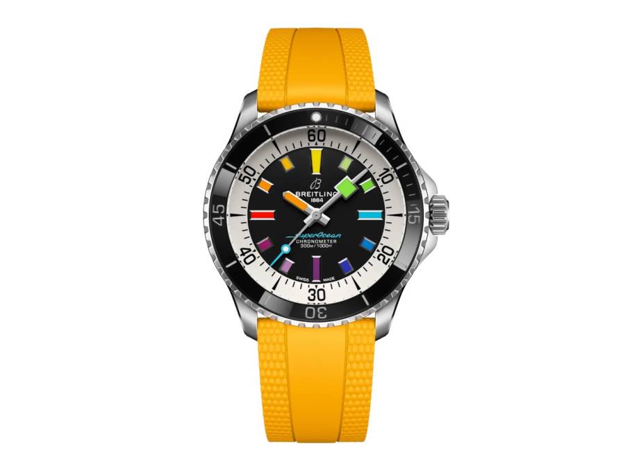 Superocean Automatic 42 Rainbow Edelstahl schwarzes Zifferblatt gelbes Kautschukband