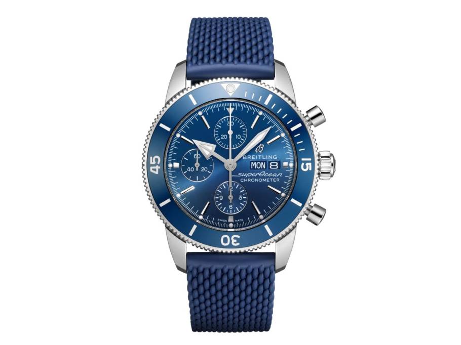 Superocean Heritage Chronograph 44 Automatik Edelstahl blaues Zifferblatt blaues Kautschukband