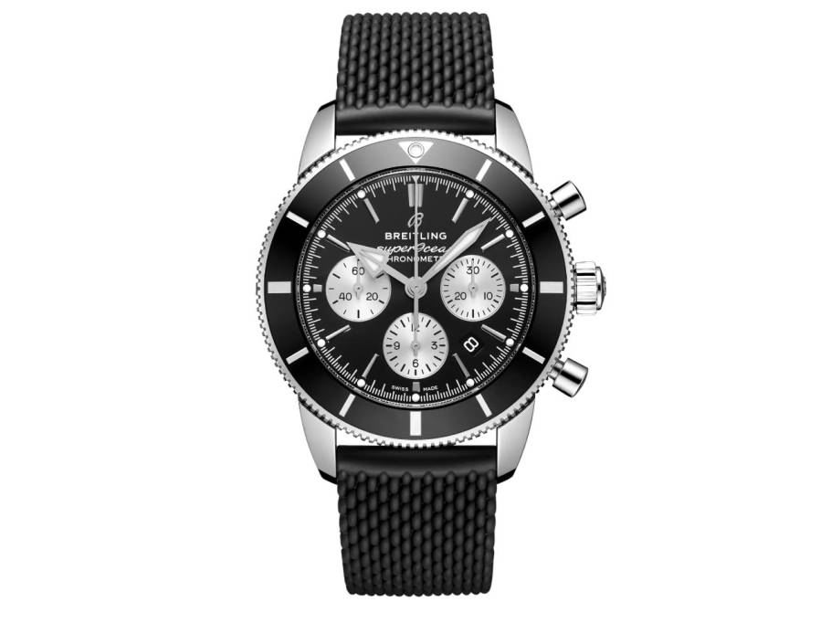 Superocean Heritage B01 Chronograph 44 Automatik Edelstahl schwarzes Zifferblatt schwarzes Kautschukband