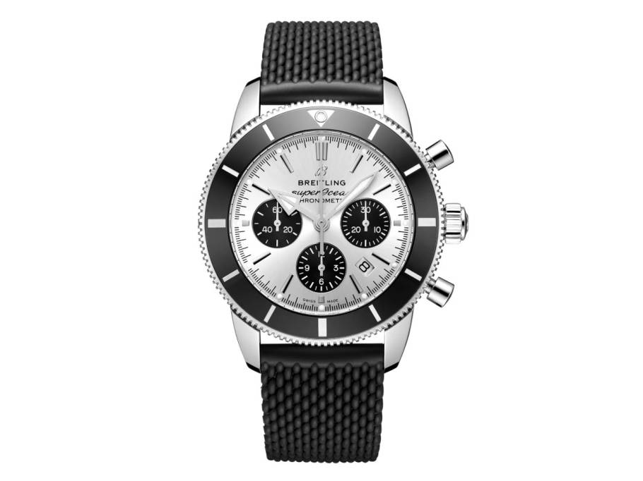 Superocean Heritage B01 Chronograph 44 Automatik Edelstahl silbernes Zifferblatt schwarzes Kautschukband