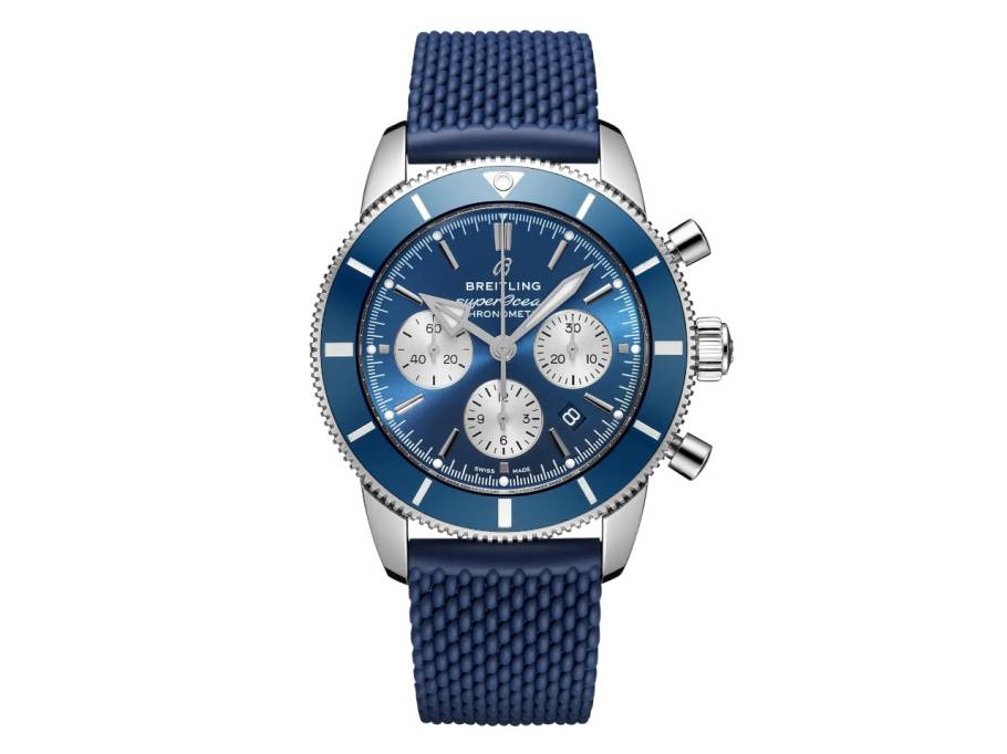 Superocean Heritage B01 Chronograph 44 Automatik Edelstahl blaues Zifferblatt blaues Kautschukband