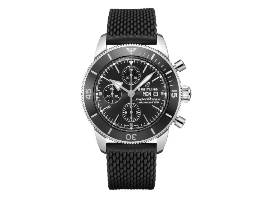 Superocean Heritage Chronograph 44 Automatik Edelstahl schwarzes Zifferblatt schwarzes Kautschukband 