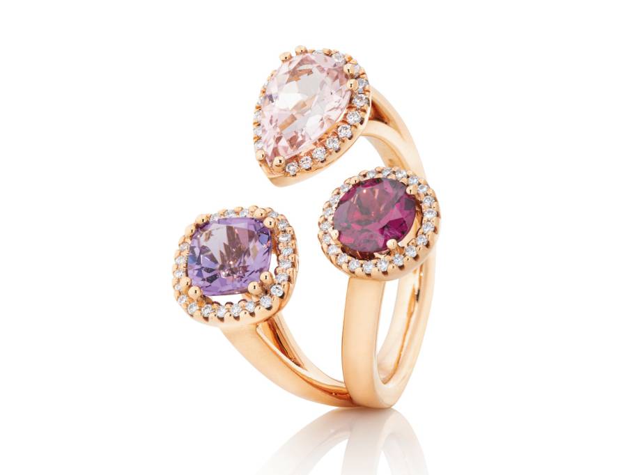 Espressivo Highlight Ring Roségold mit Amethyst Morganit Rodolith und Brillanten 0,220ct
