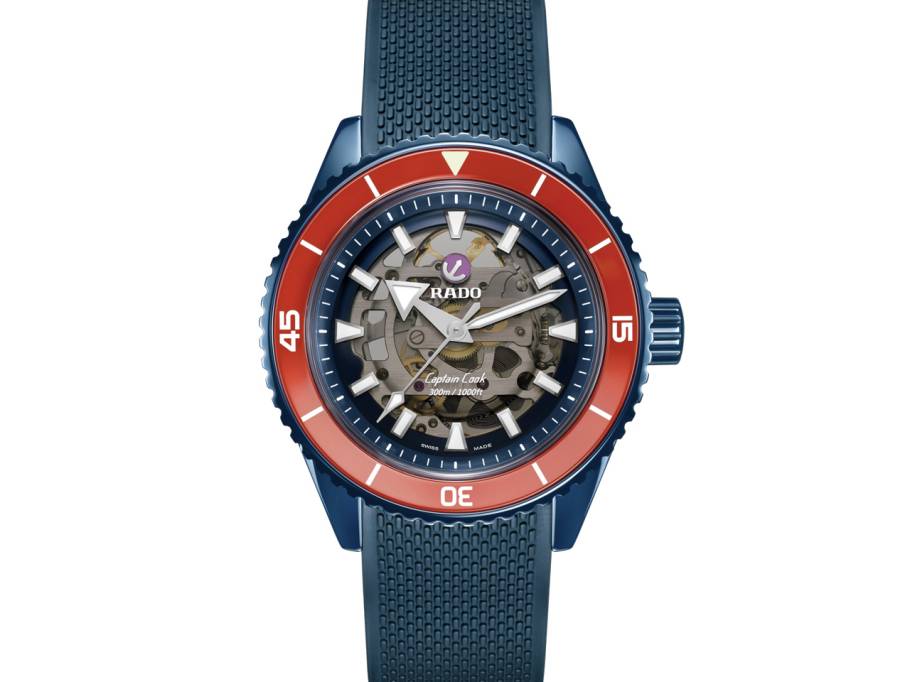 Captain Cook High-Tech Ceramic Skeleton Limited Edition Orange Automatik Keramik 43mm skelettiertes Zifferblatt blaues Kautschukband