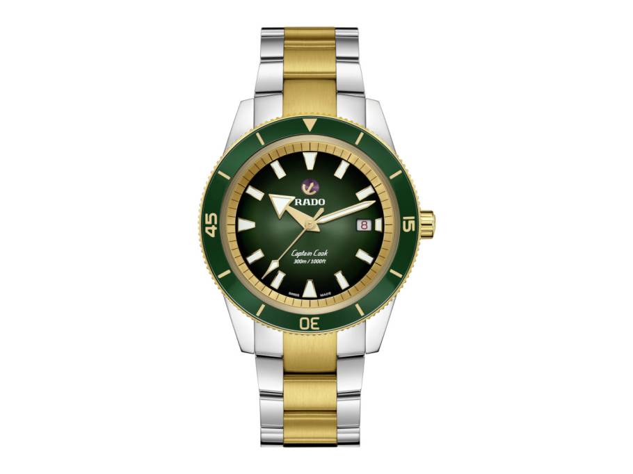 Captain Cook Automatik Edelstahl 42mm gelbgold beschichtet grün Edelstahlband bicolor
