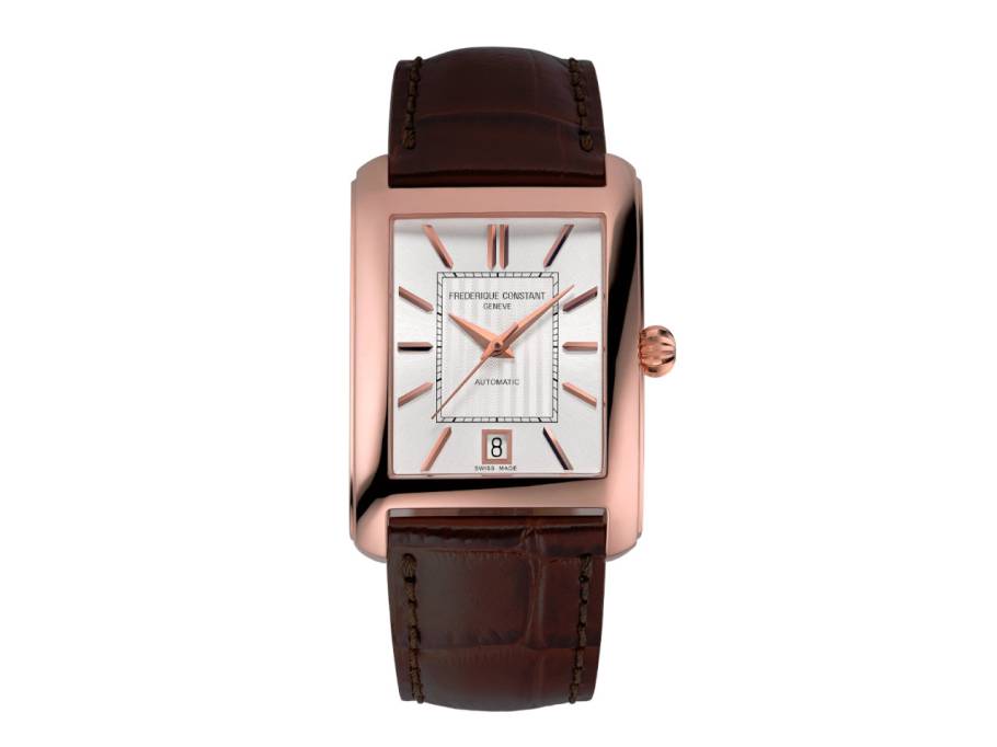 Classics Carree Automatic Edelstahl roségold silbernes Zifferblatt braunes Lederband