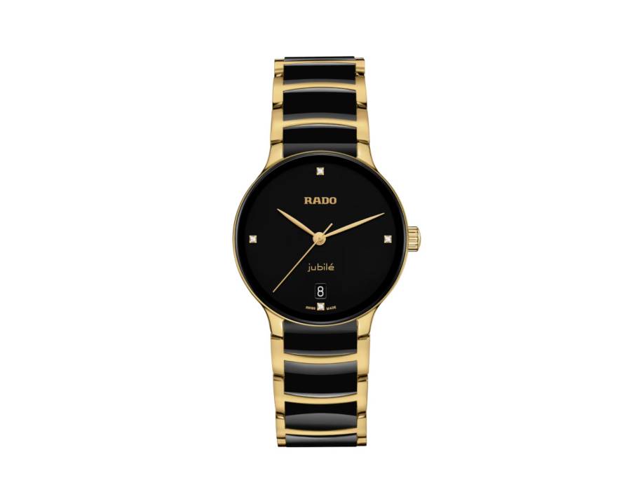  Centrix Diamonds Quarz Edelstahl goldfarben beschichtet 35mm schwarzes Zifferblatt mit Brillanten Keramikband bicolor