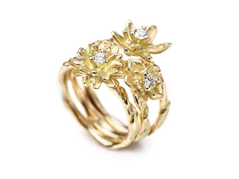 Diamant Blüten Ring Enzian Gelbgold