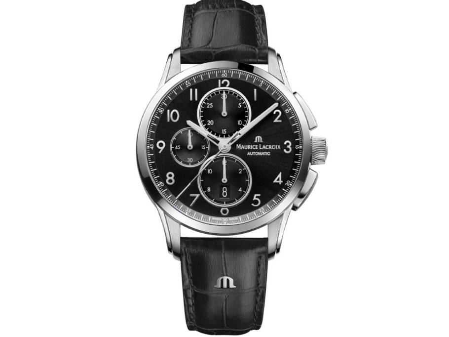 Pontos Chronograph Automatik Edelstahl 43 mm schwarz Lederband schwarz