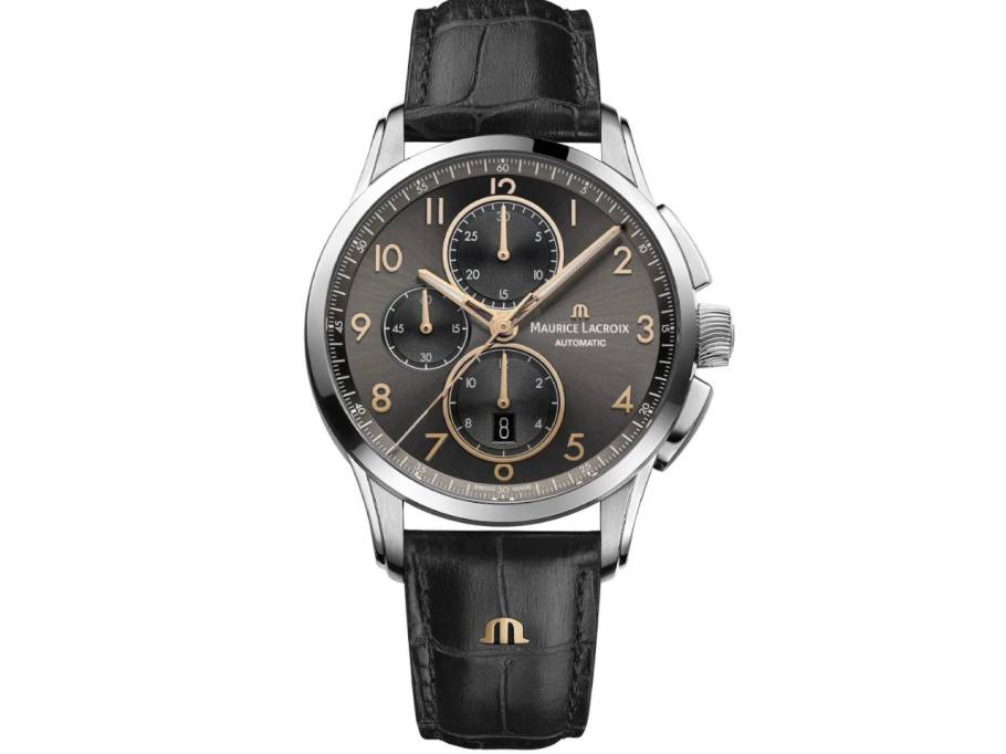 Pontos Chronograph Automatik Edelstahl 43 mm gunmetalfarben Lederband schwarz
