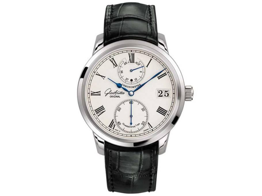 Senator Chronometer Handaufzug Weißgold 42mm weißes Zifferblatt schwarzes Lederband