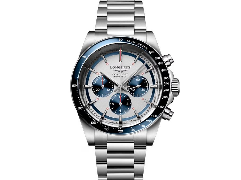 Conquest Chronograph Automatik Edelstahl 42mm weiß-blaues Zifferblatt Metallband