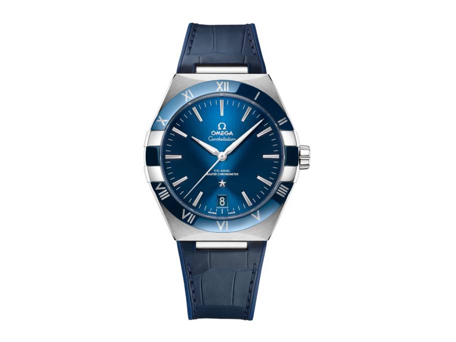 Constellation Automatik Edelstahl 41mm schwarzes Zifferblatt blaues Lederband