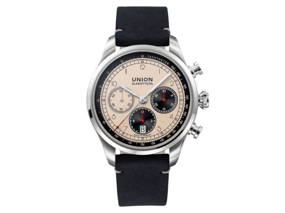            Belisar Chronograph Automatik Edelstahl 44mm beige-schwarzes Zifferblatt schwarzes Lederband